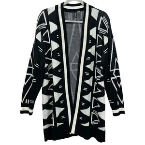 H&M Divided Sweater Womens L Black White‎ Open Front Cardigan Aztec Geometric